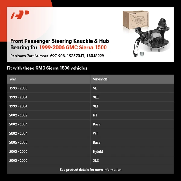 Front Passenger Steering Knuckle & Hub Bearing for 1999-2006 GMC Sierra 1500