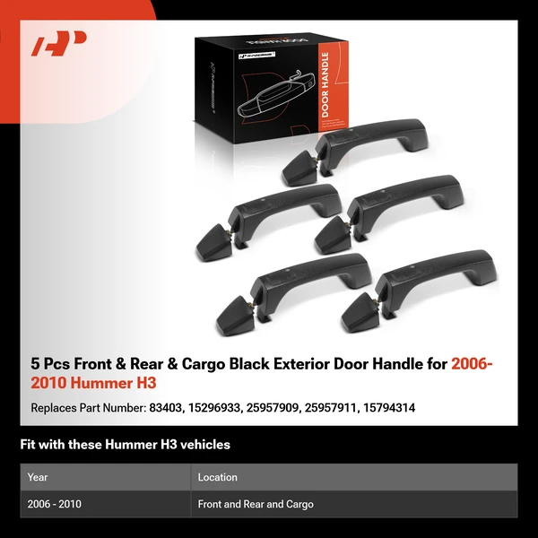 5 Pcs Front & Rear & Cargo Black Exterior Door Handle for 2006-2010 Hummer H3