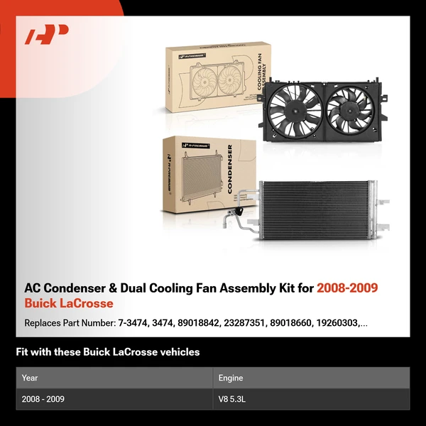 AC Condenser & Dual Cooling Fan Assembly Kit for 2008-2009 Buick LaCrosse
