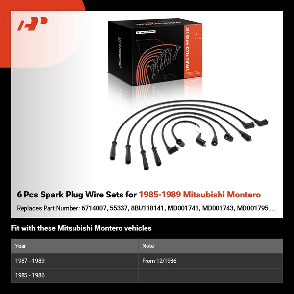 6 Pcs Spark Plug Wire Sets for 1985-1989 Mitsubishi Montero