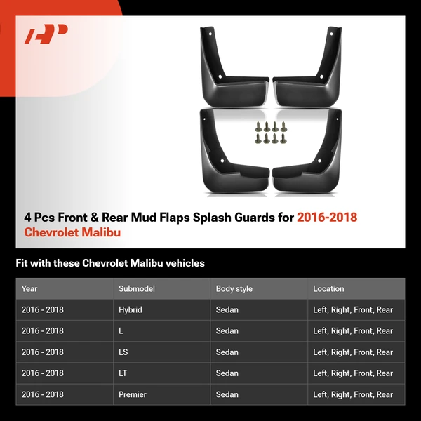 4 Pcs Front & Rear Mud Flaps Splash Guards for 2016-2018 Chevrolet Malibu