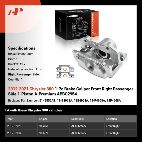 2012-2021 Chrysler 300 1-Pc Brake Caliper Front Right Passenger Side 1-Piston A-Premium APBC2954