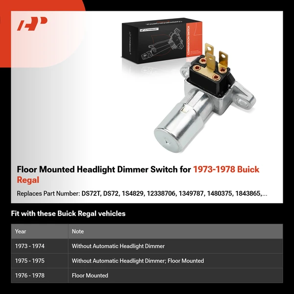 Floor Mounted Headlight Dimmer Switch for 1973-1978 Buick Regal
