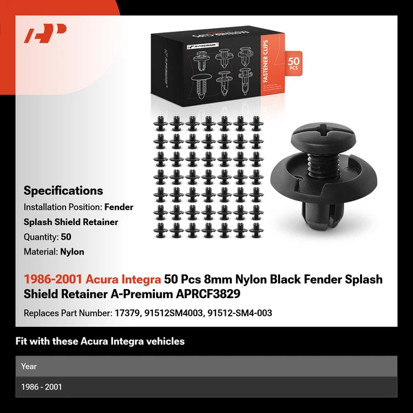 1986-2001 Acura Integra 50 Pcs 8mm Nylon Black Fender Splash Shield Retainer A-Premium APRCF3829