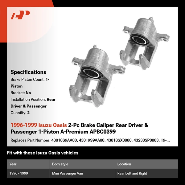 1996-1999 Isuzu Oasis 2-Pc Brake Caliper Rear Driver & Passenger 1-Piston A-Premium APBC0399
