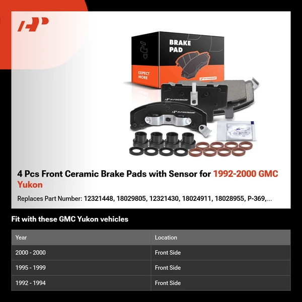 4 Pcs Front Ceramic Brake Pads with Sensor for 1992-2000 GMC Yukon