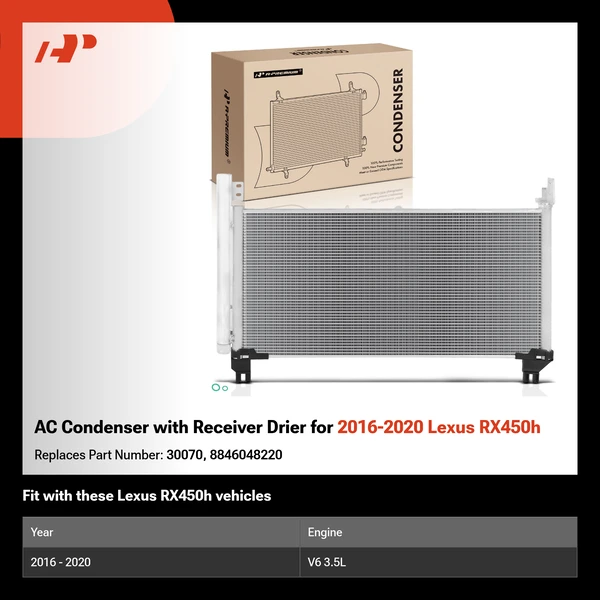 AC Condenser with Receiver Drier for 2016-2020 Lexus RX450h