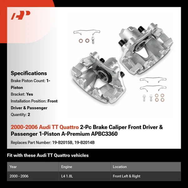 2000-2006 Audi TT Quattro 2-Pc Brake Caliper Front Driver & Passenger 1-Piston A-Premium APBC3360