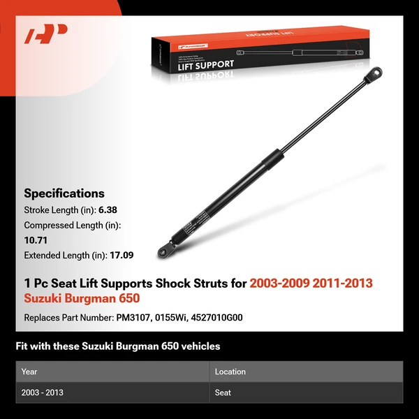 1 Pc Seat Lift Supports Shock Struts for 2003-2009 2011-2013 Suzuki Burgman 650