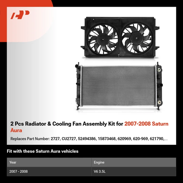 2 Pcs Radiator & Cooling Fan Assembly Kit for 2007-2008 Saturn Aura