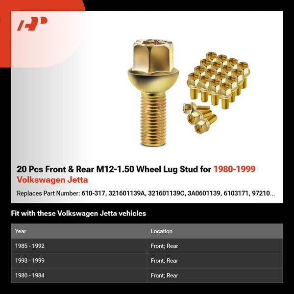 20 Pcs Front & Rear M12-1.50 Wheel Lug Stud for 1980-1999 Volkswagen Jetta