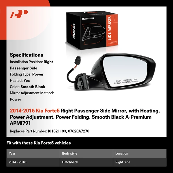 2014-2016 Kia Forte5 Right Passenger Side Mirror, with Heating, Power Adjustment, Power Folding, Smooth Black A-Premium APMI791
