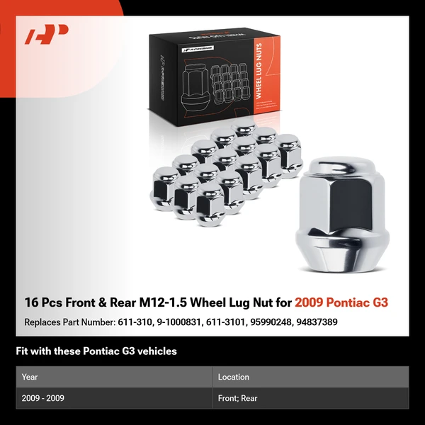 16 Pcs Front & Rear M12-1.5 Wheel Lug Nut for 2009 Pontiac G3
