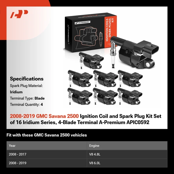 2008-2019 GMC Savana 2500 Ignition Coil and Spark Plug Kit Set of 16 Iridium Series, 4-Blade Terminal A-Premium APIC0592