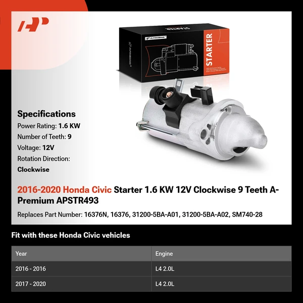 2016-2020 Honda Civic Starter 1.6 KW 12V Clockwise 9 Teeth A-Premium APSTR493