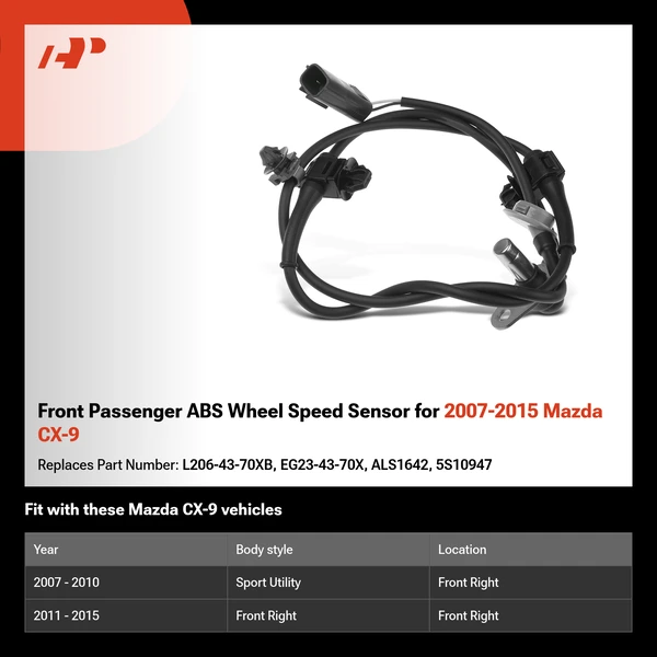 Front Passenger ABS Wheel Speed Sensor for 2007-2015 Mazda CX-9
