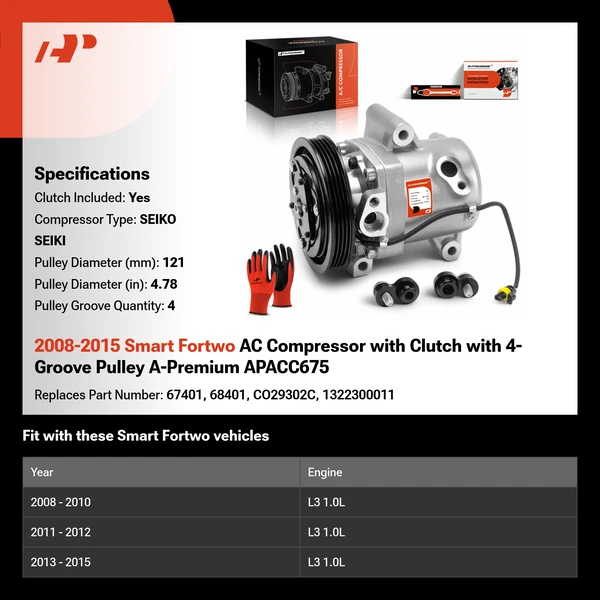 2008-2015 Smart Fortwo AC Compressor with Clutch with 4-Groove Pulley A-Premium APACC675
