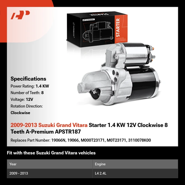2009-2013 Suzuki Grand Vitara Starter 1.4 KW 12V Clockwise 8 Teeth A-Premium APSTR187