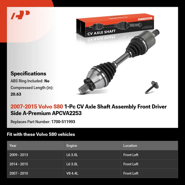 2007-2015 Volvo S80 1-Pc CV Axle Shaft Assembly Front Driver Side A-Premium APCVA2253