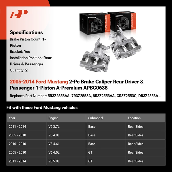 2005-2014 Ford Mustang 2-Pc Brake Caliper Rear Driver & Passenger 1-Piston A-Premium APBC0638
