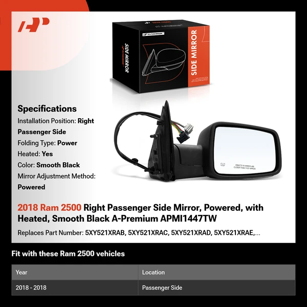 2018 Ram 2500 Right Passenger Side Mirror, Powered, with Heated, Smooth Black A-Premium APMI1447TW