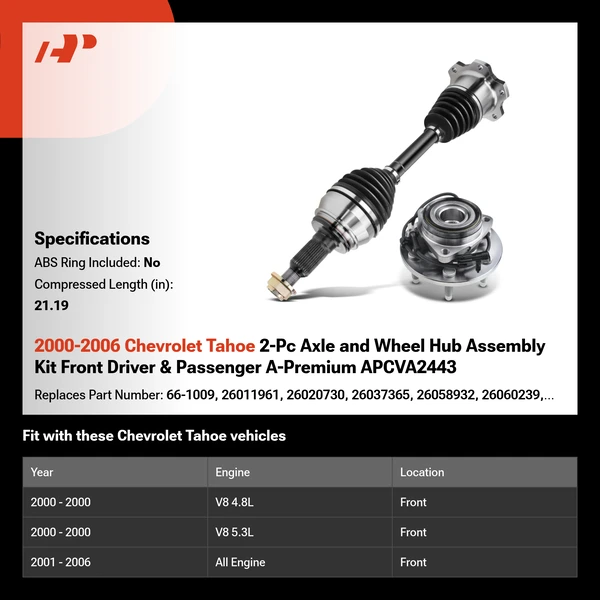 2000-2006 Chevrolet Tahoe 2-Pc Axle and Wheel Hub Assembly Kit Front Driver & Passenger A-Premium APCVA2443