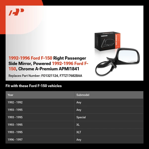 1992-1996 Ford F-150 Right Passenger Side Mirror, Powered 1992-1996 Ford F-150, Chrome A-Premium APMI1841