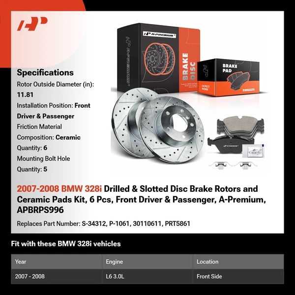 2007-2008 BMW 328i Drilled & Slotted Disc Brake Rotors and Ceramic Pads Kit, 6 Pcs, Front Driver & Passenger, A-Premium, APBRPS996
