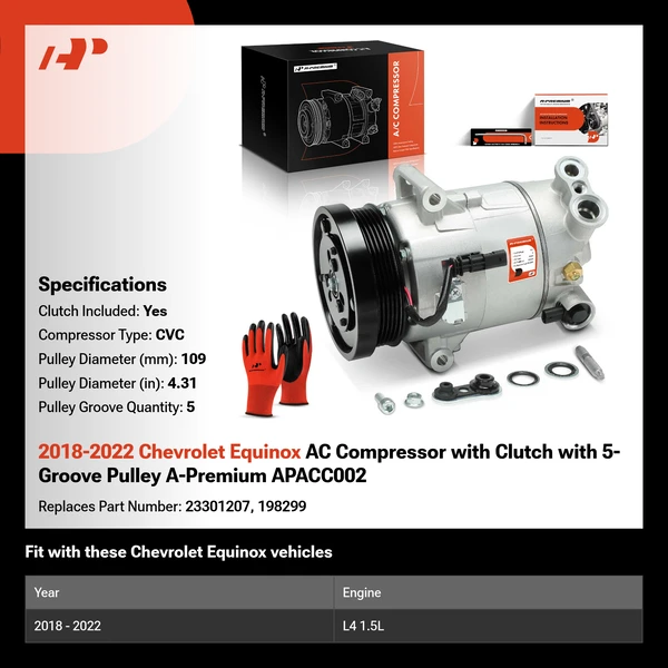2018-2022 Chevrolet Equinox AC Compressor with Clutch with 5-Groove Pulley A-Premium APACC002