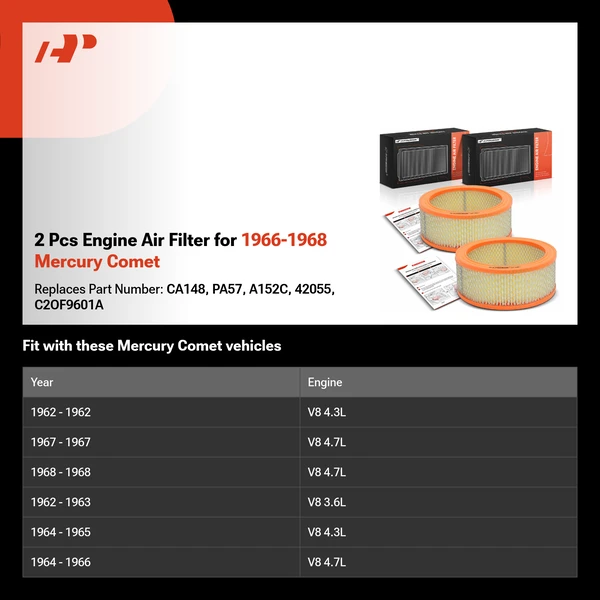 2 Pcs Engine Air Filter for 1966-1968 Mercury Comet