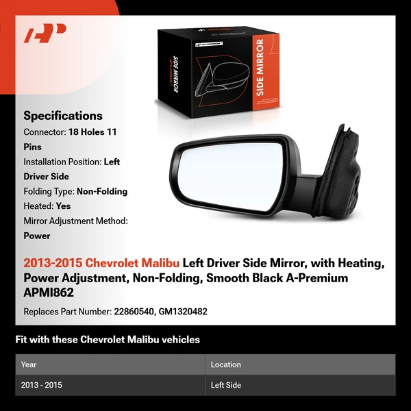 2013-2015 Chevrolet Malibu Left Driver Side Mirror, with Heating, Power Adjustment, Non-Folding, Smooth Black A-Premium APMI862