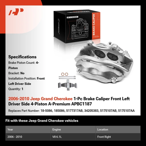 2006-2010 Jeep Grand Cherokee 1-Pc Brake Caliper Front Left Driver Side 4-Piston A-Premium APBC1187