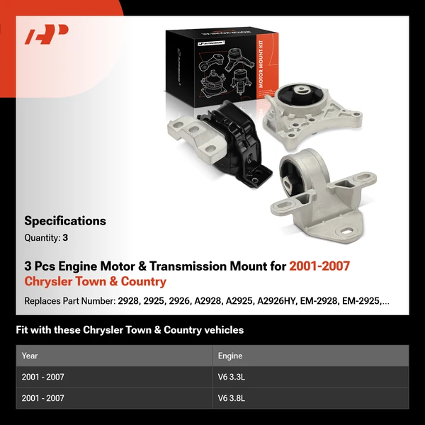 3 Pcs Engine Motor & Transmission Mount for 2001-2007 Chrysler Town & Country