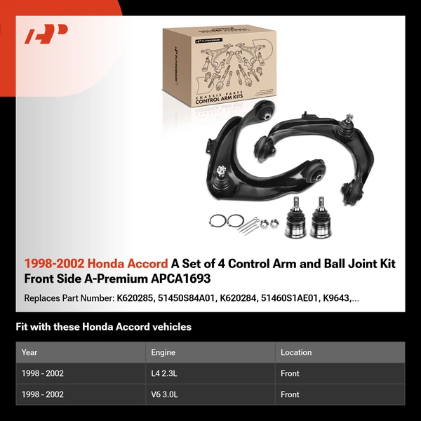 1998-2002 Honda Accord A Set of 4 Control Arm and Ball Joint Kit Front Side A-Premium APCA1693