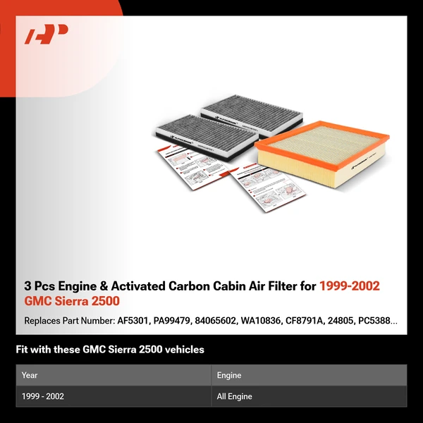 3 Pcs Engine & Activated Carbon Cabin Air Filter for 1999-2002 GMC Sierra 2500