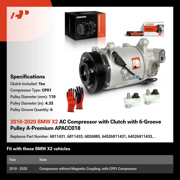 2018-2020 BMW X2 AC Compressor with Clutch with 6-Groove Pulley A-Premium APACC018
