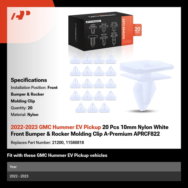 2022-2023 GMC Hummer EV Pickup 20 Pcs 10mm Nylon White Front Bumper & Rocker Molding Clip A-Premium APRCF822