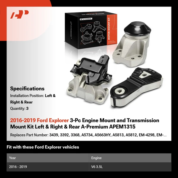 2016-2019 Ford Explorer 3-Pc Engine Mount and Transmission Mount Kit Left & Right & Rear A-Premium APEM1315