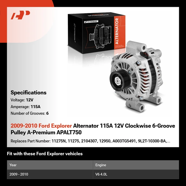 2009-2010 Ford Explorer Alternator 115A 12V Clockwise 6-Groove Pulley A-Premium APALT750