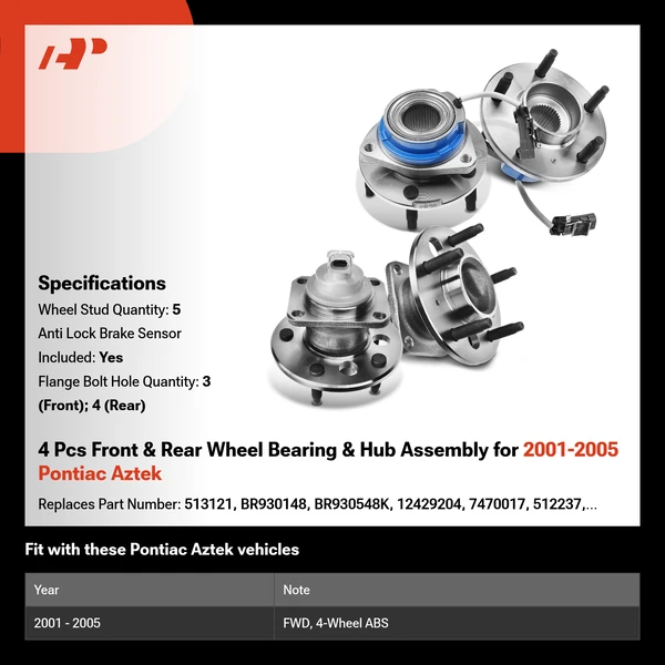 4 Pcs Front & Rear Wheel Bearing & Hub Assembly for 2001-2005 Pontiac Aztek