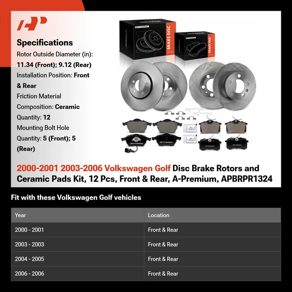2000-2001 2003-2006 Volkswagen Golf Disc Brake Rotors and Ceramic Pads Kit, 12 Pcs, Front & Rear, A-Premium, APBRPR1324