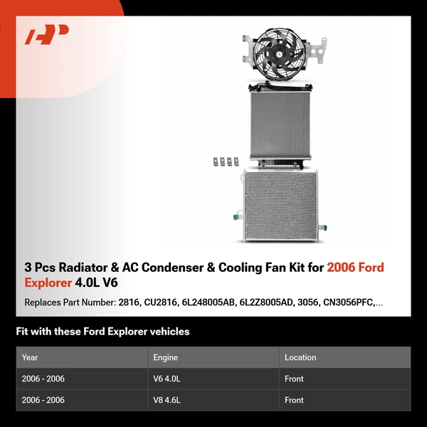 3 Pcs Radiator & AC Condenser & Cooling Fan Kit for 2006 Ford Explorer 4.0L V6