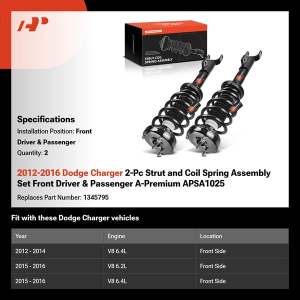 2012-2016 Dodge Charger 2-Pc Strut and Coil Spring Assembly Set Front Driver & Passenger A-Premium APSA1025