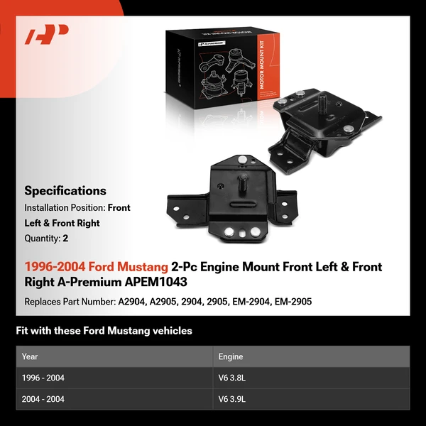1996-2004 Ford Mustang 2-Pc Engine Mount Front Left & Front Right A-Premium APEM1043