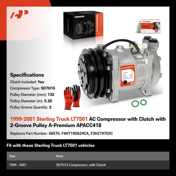 1999-2001 Sterling Truck LT7501 AC Compressor with Clutch with 2-Groove Pulley A-Premium APACC418