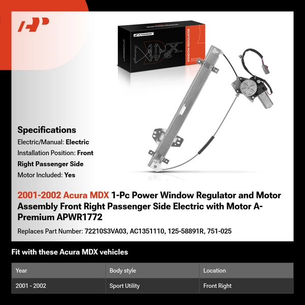 2001-2002 Acura MDX 1-Pc Power Window Regulator and Motor Assembly Front Right Passenger Side Electric with Motor A-Premium APWR1772