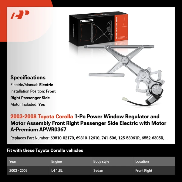 2003-2008 Toyota Corolla 1-Pc Power Window Regulator and Motor Assembly Front Right Passenger Side Electric with Motor A-Premium APWR0367