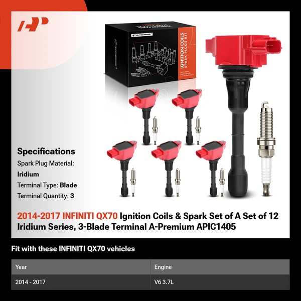 2014-2017 INFINITI QX70 Ignition Coils & Spark Set of A Set of 12 Iridium Series, 3-Blade Terminal A-Premium APIC1405