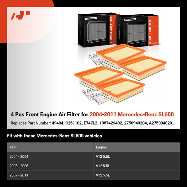 4 Pcs Front Engine Air Filter for 2004-2011 Mercedes-Benz SL600