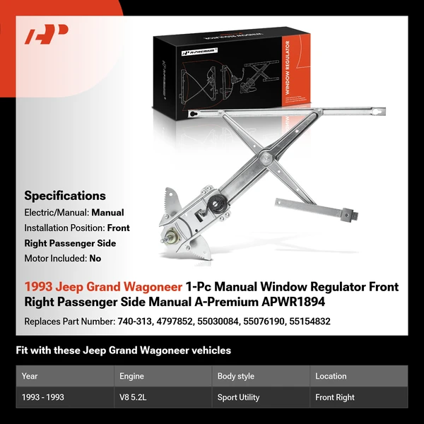 1993 Jeep Grand Wagoneer 1-Pc Manual Window Regulator Front Right Passenger Side Manual A-Premium APWR1894